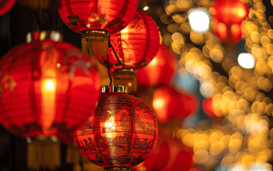 Kitajski horoskop kot simbol tradicionalne modrosti, predstavljen z rdečimi kitajskimi lanternami