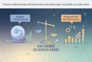 Professional header image for comparison analysis: Poceni vedeževanje ali kakovostno posvetovanje: kaj dobiš...