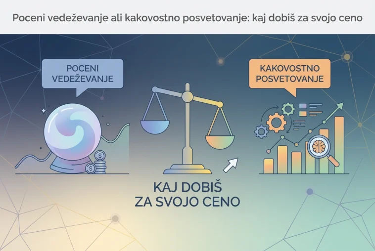 Professional header image for comparison analysis: Poceni vedeževanje ali kakovostno posvetovanje: kaj dobiš...